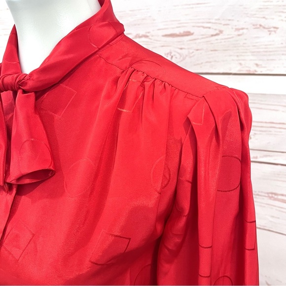 Vintage Le Blouse 80’s 90’s Front Tie Geometric Print Silky Button Up Blouse - Picture 3 of 10